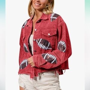 Red Corduroy Jacket with Sequin Footballs
